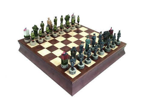 World War II Chess Set, Hand-Painted Resin, Walnut Maple Board w/ Storage Italfama