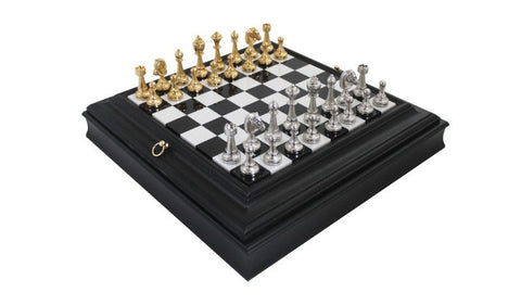 Italfama Handmade Brass Chess Set, Marble-Wood Board 42cm with Storage, Italy