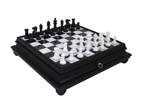 Italfama Italian Handmade Chess Set, Marble Board with Drawer, Weighted Pieces