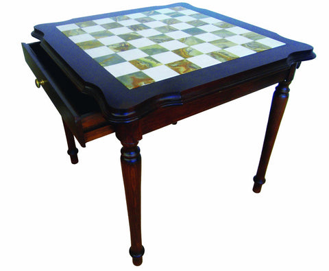 Italfama Luxury Wooden Chess Table w/ Marble Top & Storage, Made in Italy
