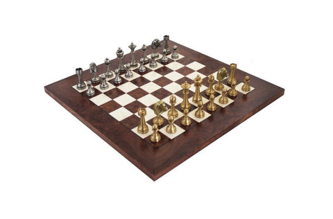 Italfama Brass Chess Set, Gold/Silver Plated, Walnut Board 42cm, Made in Italy