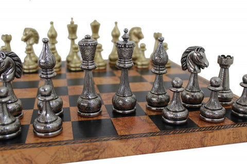Italfama Handmade Metal Chess Set, Gold/Silver, Faux Leather Map Board 40cm