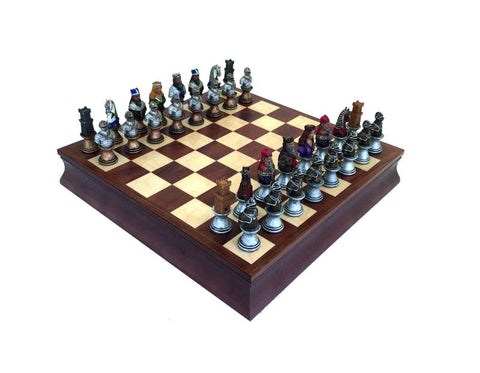 Medieval Chess Set, Hand-Painted Resin, Walnut & Maple Board w/ Storage Italfama