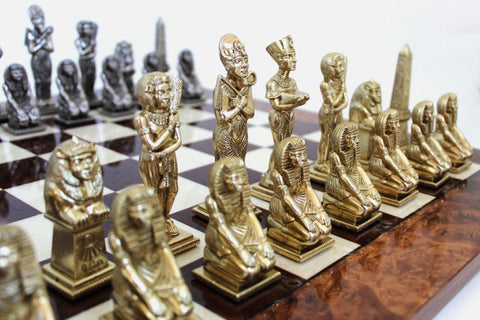 Egyptian Metal Chess Set Gold & Silver Plated with Elm Board 60cm - Italfama