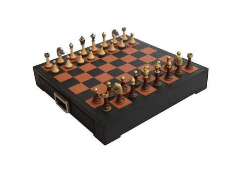 Italfama Luxury Leather Chess Set with Drawer, Metal & Wood Pieces, Italy