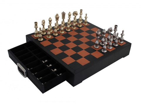 Italfama Metal Chess Set, Real Leather Board, Drawer, Gold & Silver, Italian