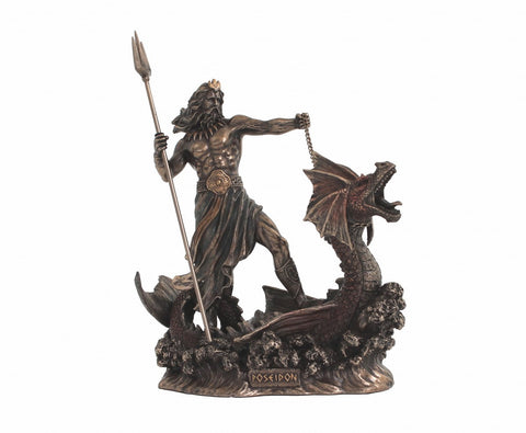 Poseidon on Sea Dragon Statue, Bronze Resin, 24cm, Handmade, Italy Italfama
