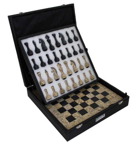 Italfama Handmade Marble Chess Set Black/Brown 30cm Board, Leather Case Italy