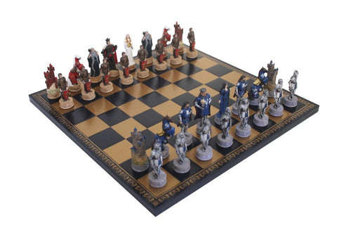 King Arthur Chess Set Resin Pieces, Hand-Painted, Faux Leather Board 40cm Italy