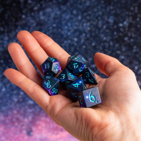 Q-Workshop Stardust Full Art 7-Die Polyhedral DND Dice Set - Nebula Theme