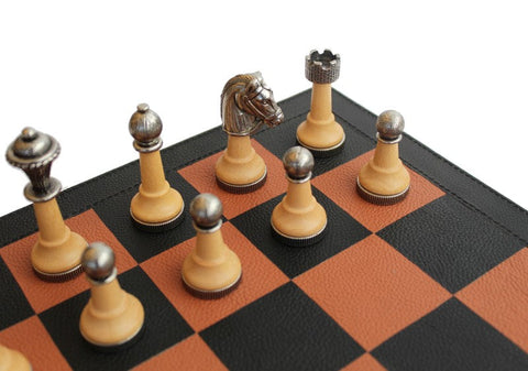 Italfama Luxury Leather Chess Set with Drawer, Metal & Wood Pieces, Italy