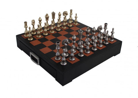 Italfama Metal Chess Set, Real Leather Board, Drawer, Gold & Silver, Italian