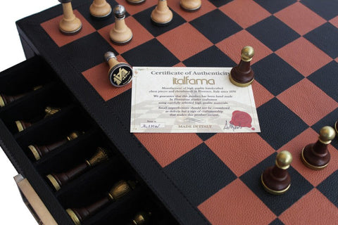 Italfama Luxury Leather Chess Set with Drawer, Metal & Wood Pieces, Italy