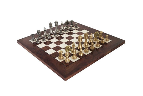 Italfama Brass Chess Set, Gold & Silver, Elm Wood Board, 42cm, Made in Italy