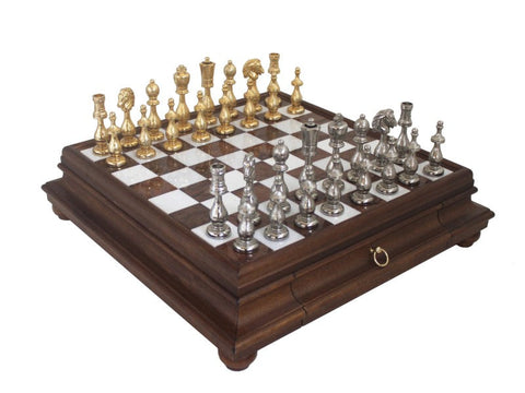 Italfama Italian Metal Chess Set, Wood & Marble Board with Drawer, Gold & Silver