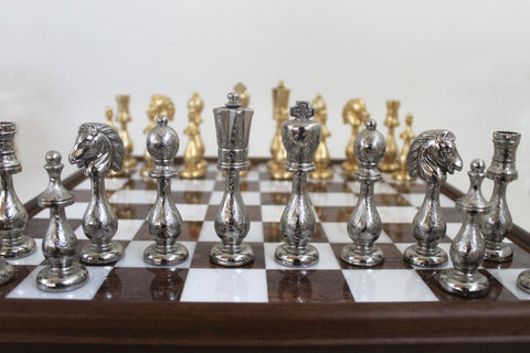 Italfama Italian Metal Chess Set, Wood & Marble Board with Drawer, Gold & Silver