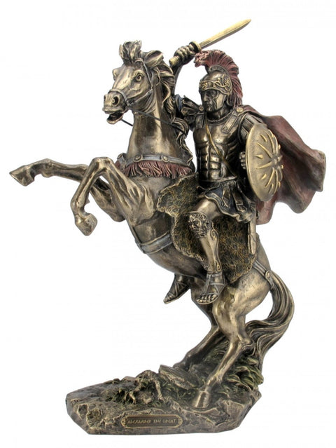 Alexander the Great Bronze Finish Horseback Statue 33cm with Sword & Shield