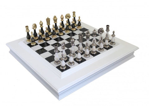 Italfama Handmade Metal & Wood Chess Set, Marble Board with Drawer, Made in Italy