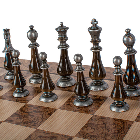 Pearl Metal Chess Set Walnut Burl & Oak Chessboard 50Cm Manopoulos Sw60A50J
