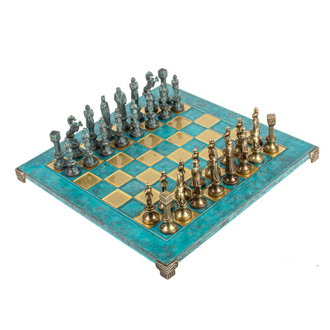 Renaissance Metal Chess Set Blue & Bronze Chessmen Board 36Cm Manopoulos S9Btir