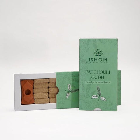 Natural Patchouli Wood Incense Smudge Bricks with Terracotta Burner, 15 Pack