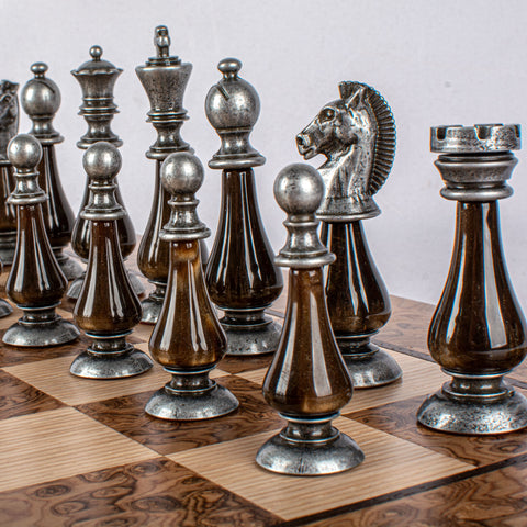 Pearl Metal Chess Set Walnut Burl & Oak Chessboard 50Cm Manopoulos Sw60A50J