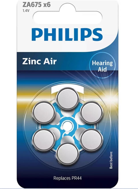 6 Philips Size 675 Pr44 Hearing Aid Batteries Za675B6A 1.4V Zink Air 2025 12 NEW