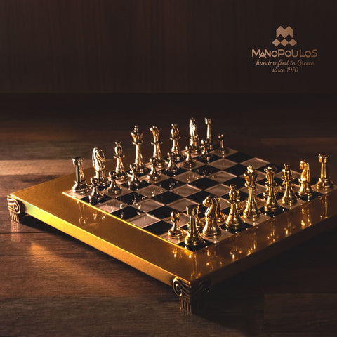 Classic Metal Staunton Chess Set Gold & Silver Chessmen 28Cm Manopoulos S32Bla