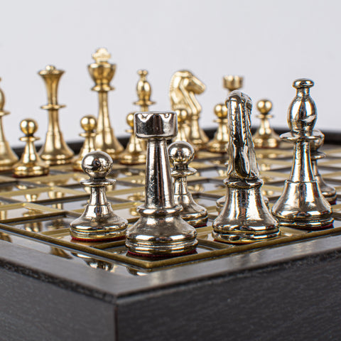 Classic Metal Staunton Chess Set Gold & Silver Chessmen 27Cm Manopoulos Sk32Bro