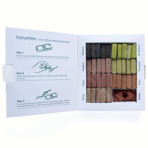 70 Incense Smudge Bricks Display Set with Burner – 7 Scents, Terracotta Holder