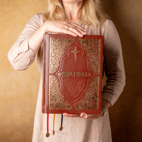 Premium Edition Brown Leather Holy Bible for Family | Old & New Testament