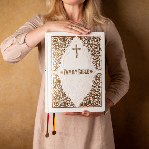Luxury White Leather Family Bible | Gold Gilded KJV | Gift for Wedding, Baptism