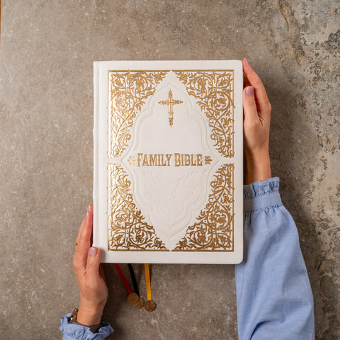 Luxury White Leather Family Bible | Gold Gilded KJV | Gift for Wedding, Baptism