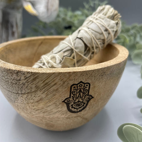 Wooden Smudge and Ritual Offerings Bowl - Hamsa Ancient Wisdom (12x7)