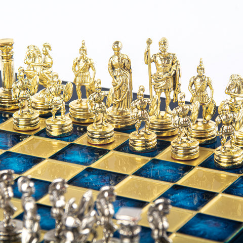 Greek Roman Period Metal Chess Set Gold & Silver Chessmen 28Cm Manopoulos S3Blu