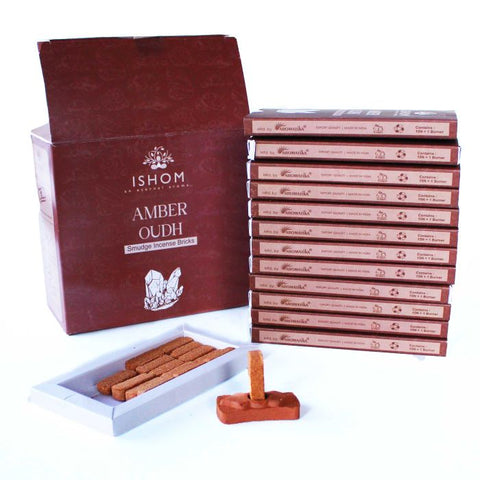 Natural Amber & Agarwood Incense Bricks with Burner, 15 Pack, Terracotta Holder