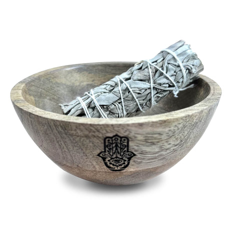 Wooden Smudge and Ritual Offerings Bowl - Hamsa Ancient Wisdom (14x7)