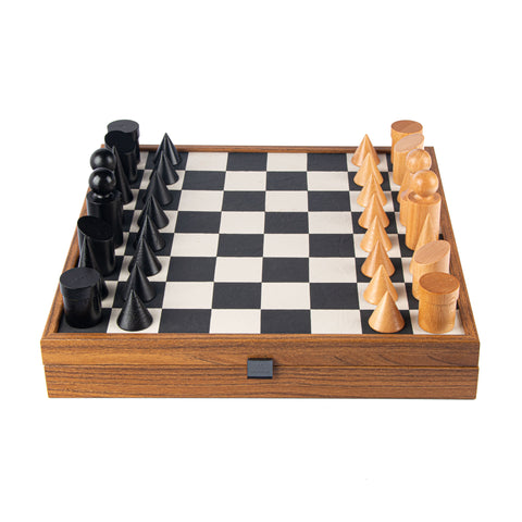 Wood Chess Set Bauhaus Style Chessmen Leatherette Board 40Cm Manopoulos Sd50Bla