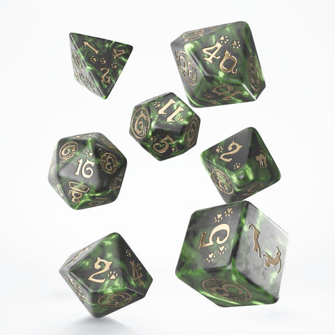 Cats Dice Set: Pixel Rpg Dice Polyhedrons Bottle Green Gold Q-Workshop Scat06
