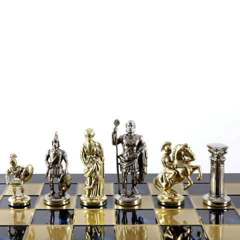 Greek Roman Period Metal Chess Set With 44cm Blue Wooden Chessboard Manopoulos