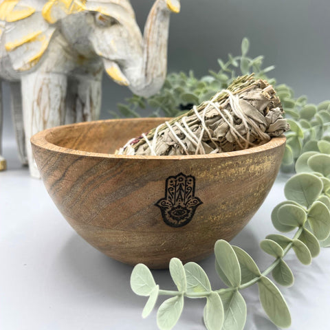 Wooden Smudge and Ritual Offerings Bowl - Hamsa Ancient Wisdom (14x7)