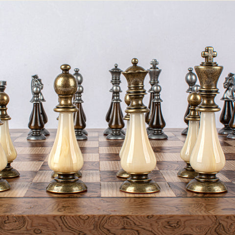 Pearl Metal Chess Set Walnut Burl & Oak Chessboard 50Cm Manopoulos Sw60A50J