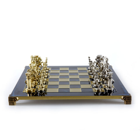 Greek Roman Period Metal Chess Set With 44cm Blue Wooden Chessboard Manopoulos