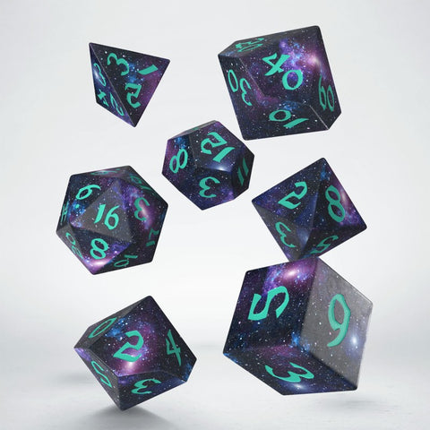 Q-Workshop Stardust Full Art 7-Die Polyhedral DND Dice Set - Nebula Theme
