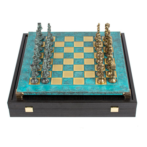 Renaissance Metal Chess Set Blue & Bronze Chessmen Board 36Cm Manopoulos S9Btir