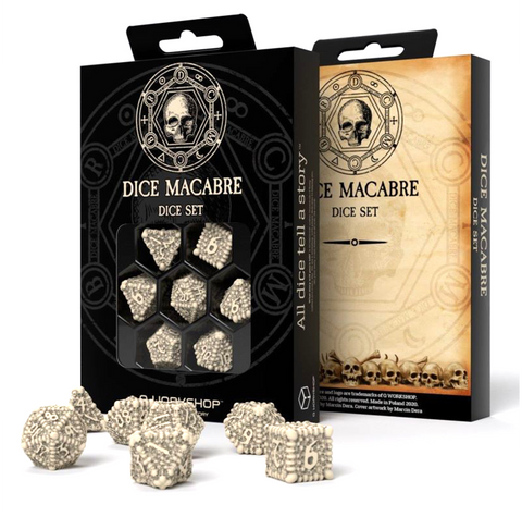 DICE MACABRE SET BEIGE AND BROWN SKULLS 7 DICE RPG PLAYING GAMES Q-WORKSHOP NEW