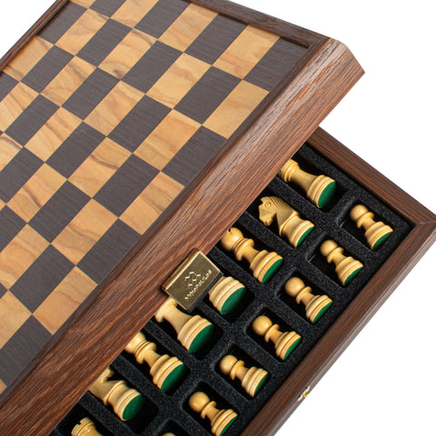 Wood Chess Set Staunton Chessmen Olive Burl/Wenge Board 27Cm Manopoulos Skw4130H