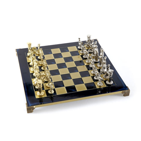 Greek Roman Period Metal Chess Set With 44cm Blue Wooden Chessboard Manopoulos