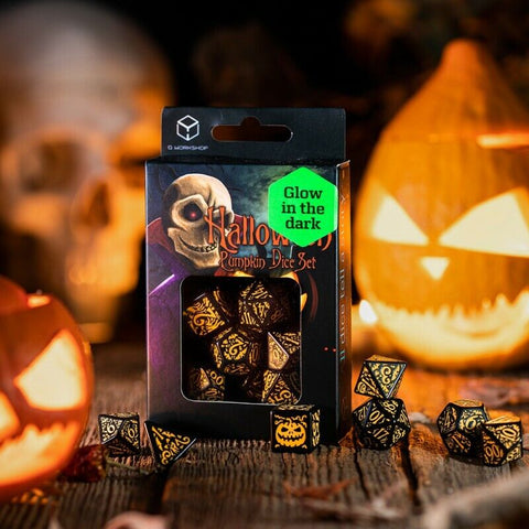 Halloween Pumpkin Dice Set Black Glow In The Dark Role Games Q-Workshop Dnd NEW