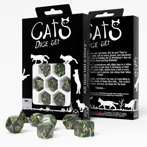 Cats Dice Set: Pixel Rpg Dice Polyhedrons Bottle Green Gold Q-Workshop Scat06